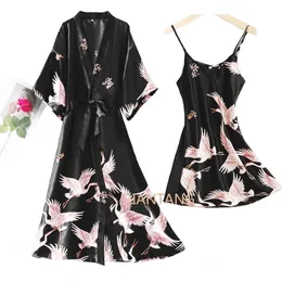 Sexy Nightwear Gown Set Women 2PC Pyjama V-Neck Pajamas Silky Sleepwear Spring Lady Sleep Suit Robe Wear Home Negligee Homewear 220802