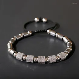 Beaded Strands Vintage Cylindrical Hematite Stone Yoga Bracelet 6mm Copper Beads Luxury Zircon Adjustable Men's Jewelry Gift Inte22