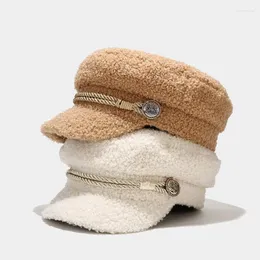 BERETS AMTUMN VINTER MILITÄRA KAP Kvinnor Fashion Lambwool Sboy Ladies Case Keep Warm Flat Top Hat Female Sombreros de Mujerberets Davi22