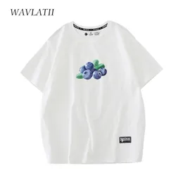 Wavlatii Women White Cotton Tshirts أنثى التوت الأزرق المطبوعة الوردي غير الرسمي الصيف القصيرة الأكمام قمم TEE WT2206 220615