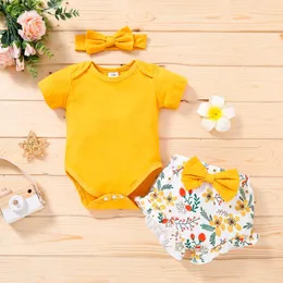 Kläder sätter bit baby flicka kläder solid färg romper toppar blommor bowknot shorts pannband tre stycken outfit set 0-18m häll enfan