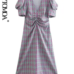 Women Fashion Check Print Draped Midi Dress Vintage Short Puff Sleeves Side Zipper Female Dresses Vestidos Mujer 220526