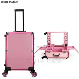 Ny vagn kosmetisk väska stor kapacitet yrket makeup fodral rullande bagage med LED -ljus multifunktionell J220708 J220708