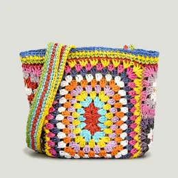 Bohemian virkning axelväska för kvinnor paisley halm crossbody väskor handgjorda vävda sommarstrand liten tote bali purses sac 220705