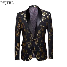 Pyjtrl elegante ouro tulipas padrão casual blazer masculino terno jaqueta britânico cavalheiro noivos de casamento fino ajuste moda casaco outfit 220527