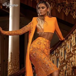 Ailigou Kvinnors snävt passande sexig designer Orange Tvådelar högkvalitativ elegant paljett med diamantpärlskugd Set 220506