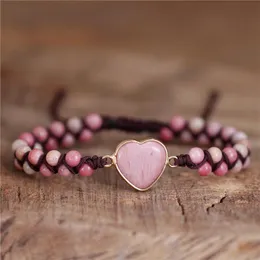 Charm Bracelets Rhodonite Heart And Beads Bracelet Boho String Braided Stretch Yoga Friendship Lover Femme Jewelry Gift DropshipCharm