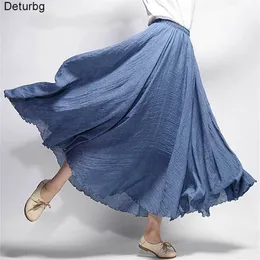 Eleganter Damen-Maxirock aus Leinen mit hoher Taille, Sommer-Damen, lässig, elastische Taille, 2 Schichten, Röcke saia feminina, 20 Farben, SK53 220701