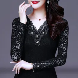 Women's Blouses & Shirts 2022 Spring Autumn Women Thin Lace Embroidery Bottoming Shirt & Blouse Feminina Beaded Long Sleeved Tops Plus S