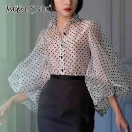 Twotwinstyle Vintage Polka Dot Long Puff Sleeve Womens Tops and Blouses Plus Size Shirs Shire Shirts Summer Clothers Ladies Korean 210326