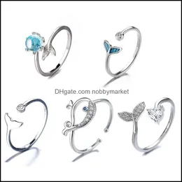 Band Rings Jewelry New Fashion Whale Tale Mermaid Clear Blue Sier Color Copper Finger Stackable Adjustable For Women Gift Dropship Drop Deli