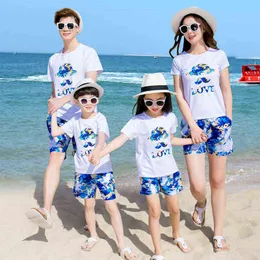 여름 가족 매칭 세트 어머니 딸 아버지 아들면 티셔츠 +반바지 2pcs 세트 커플 애호가 휴일 해변 의류 세트