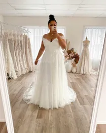 2022 Plus Size Modern A Line Wedding Dresses Formal Bridal Gowns Off Shoulder Short Sleeves Lace Appliques Sweep Train