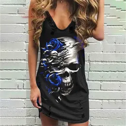 Women Summer Skull Print Fashion Casual Sleeveless Mini Dress Hole V-neck Vest Punk Plus Size Loose Y2k Dresses 220621