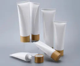 Empty White Plastic Squeeze Tubes Bottle Cosmetic Cream Jars Refillable Travel Lip Balm Container with Bamboo Cap SN4637