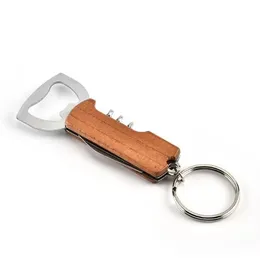 Openers Wooden Handle Bottle Keychain Knife Double Hinged Corkscrew Stainless Steel Key Ring Opening Tools Bar