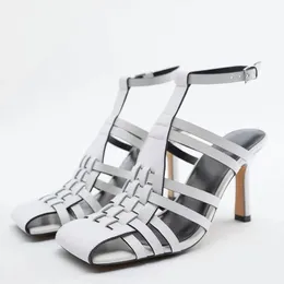 Sandały letnie buty czarny biały pasek kostki kwadratowe palce zamknięte palce sandalianie splot gladiator sexy kobiety buty