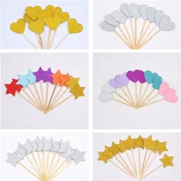 40st Cake Flag Golden Heart Star Cupcake Toppers Baby Shower Birthday Party Decorations Kids Wedding Decoration Y200618