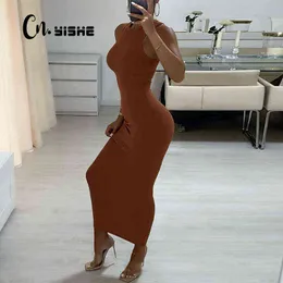 Cnyishe żebrowana Jesień Czarna maxi sukienka kobiety 2021 Seksowna impreza Bodycon Long Sukienka okrągła szyja ciasne sukienki szaty Sundress Y220413