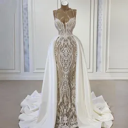 Vintage Lace Applique sjöjungfru bröllopsklänningar med avtagbart tåg Sexig grimma v hals prinsessan backless brudklänningar lyx