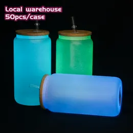 US-Lager 16oz Sublimationsdose aus im Dunkeln leuchtendem Glas, gerade, klare, transparente Kaffeebecher aus Glas mit Bambusdeckel und Strohhalm Z11