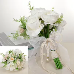 Yapay Beyaz Gelin Buket Gelin Düğün Çiçekleri Şerit Kenevir Halkı Buque De Noiva 3 Renk W17979