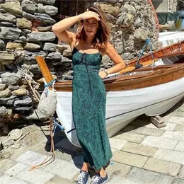 Foridol kayış kolsuz baskı boho yaz elbise uzun kadınlar yeşil çiçek sarı es sundress vintage fransız tarzı 220725