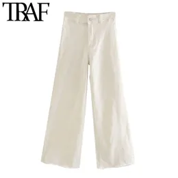 Traf Women Chic Fashion Fashion High Talle Straight Dżinsy Spodnie Vintage Lope Pockets Feleme Kids Spodni Pantalones 210302