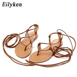 Eilyken Summer Roman Sandals متعددة عبر الحزام طويل القامة ركبة عالية العبودية ثونغ Nubuck صندل Flip Flops Black Apricot 220516