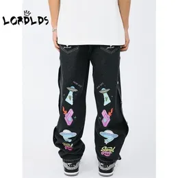 Lordlds Erkekler Siyah Denim Pantolon Moda Pantolon Boy Gevşek Stil Geniş Bacak Kargo Kot Yüksek Bel Streetwear Punk Giysileri 220328