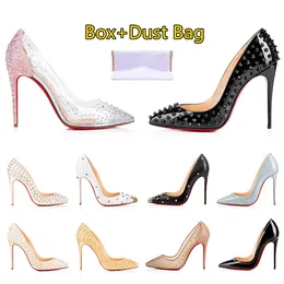 Tacones de diseñador Mujeres Lxury Zapatos de vestir de moda Talón alto para patinar 8 cm 10 cm 12 cm Remaches Charol Gamuza Fiesta Tamaño grande Zapatillas de boda Con caja 35-44