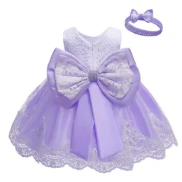 Girl's Dresses Baby Girls Dress Bow Send Hairband Tutu Skirt Lace Girl 1st Birthday Party Princess Wedding DressGirl's