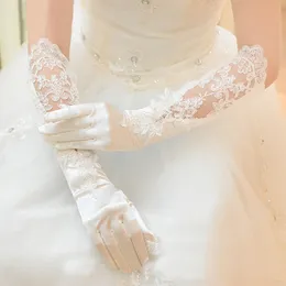 Kobiety satynowe ślub długie pełne palec rękawiczki kwiecistą aplikat perłowy z koralikami patchwork biżuteria mittens