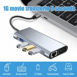 HUBS USB Hub Type 11 في 1 C-ADAPTER 4K VGA RJ45 LAN ETHERNET SD/TF 3.5MM AUX POORT DOCK PC PC LAPTERUSB SPLITERUSB USBUSB