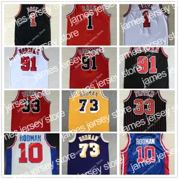 James James NCAA College 착용 자수 빈티지 노란색 보라색 73# Rodmanjersey Scottie# 33 Pippen Jerseys Dennis 91# Rodman Jersey White Black Red