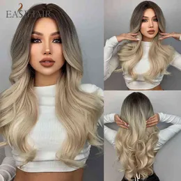 Kobiety Włosy Syntetyczne Easihair Long Light Blonde Ombre Natural Wave Wids Peruki odporne na ciepło Cosplay dla 0527