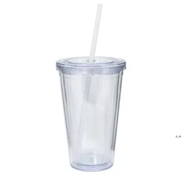 16oz plast tumblers dubbel vägg akryl klart dricksjuic kopp med lock och halm kaffe mugg diy transparent muggar till sjöss gcb15013