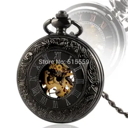 Hot Selling Retro Mechanical Pocket Watch Cool Black Roman Dial Skeleton Mechanical Watch Gift For Fathers Day T200502