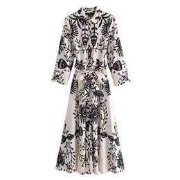 Casual Dresses Women Printed Shirt Klänning med Bälte Långärmad Chic Lady Fashion Button-up Midi Woman Cobe