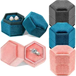 Hexagon Velvet Ring Box Double Ring Storage Case Holder Pendant Earring Jewelry Packaging Gift Boxes for Proposal Engagement Wedding Ceremony