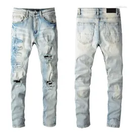 Jeans masculinos High Street Brack Hole Angel Print Slim Fit Fin Feet para homens Alongamento calças jeans drak22