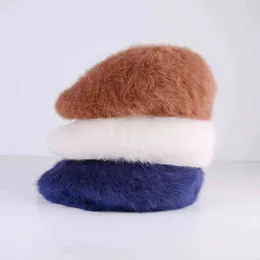 Kangaroo Angora Rabbit Fur Beret Ins Hat Hyuna w tym samym stylu Mężczyźni i kobiety do przodu kapelusz zimowy kapelusz J220722