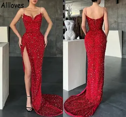 Stunning Red Sequined Glittering Prom Dresses With Spaghetti Straps For Women Party Evening Gowns Sexy Open Back Side Split Pageant Formal Occasion Wear CL0842