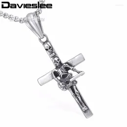 Davieslee Gothic Mens Chain Guitar Skull Cross Pendant Necklace 316L Stainless Steel Box Link Silver Color LHP549 Chains Morr22