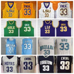 남성 아이오와 주 33 Larry Bird LSU 33 Shaq Oneal Basketball Jersys College Georgetown Hoyas Grey 33 Patrick Ewing Blue Purple Stitched Uniforms Men