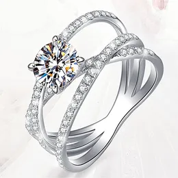 Moda sinuosa anel de diamante de quatro garras de três camadas de três camadas anel de casamento de três círculos para joias de moda de namorada