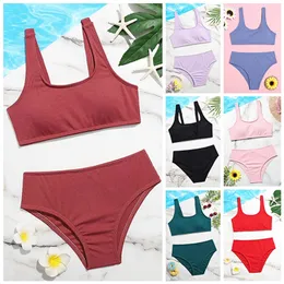 Solid Girl Swimsuit Kids Ribled High Pan Bikini Set Two Piece Детские купальники для купальных девушек для купания пляжная одежда Biquini 220426