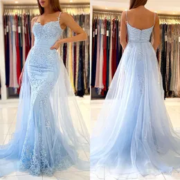 Blue Mermaid Evening Gowns Spaghetti Straps Sleeveless Tulle Lace Train Prom Dress Floor Length Appliques Sequins High Waitst Arabic Long Formal Dress