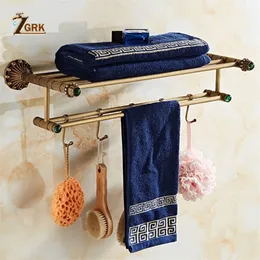 ZGRK New Antique Brass Rack Dual Bathroom Towel Holder Double Towel Shelf With Hooks Bathroom Accessories T200915