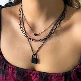 Cadeia preta com colar de coração/trava Pendnat para mulheres colares de corrente em camadas na pescoço 2022 Jewelry Girl Gift Gift